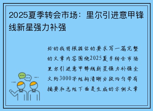 2025夏季转会市场：里尔引进意甲锋线新星强力补强